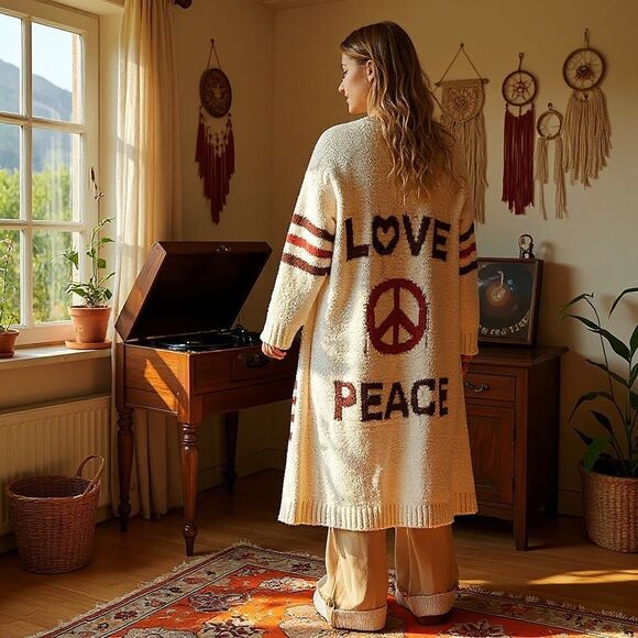 LOVE & PEACE Bohemian Knit Cardigan – Cozy Cream Layers with Vintage Charm POL L - Picture 2 of 7